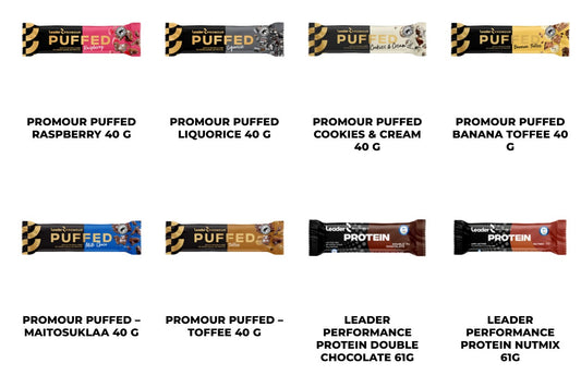 Leader proteiinipatukkalajitelma 5kpl setti 10€